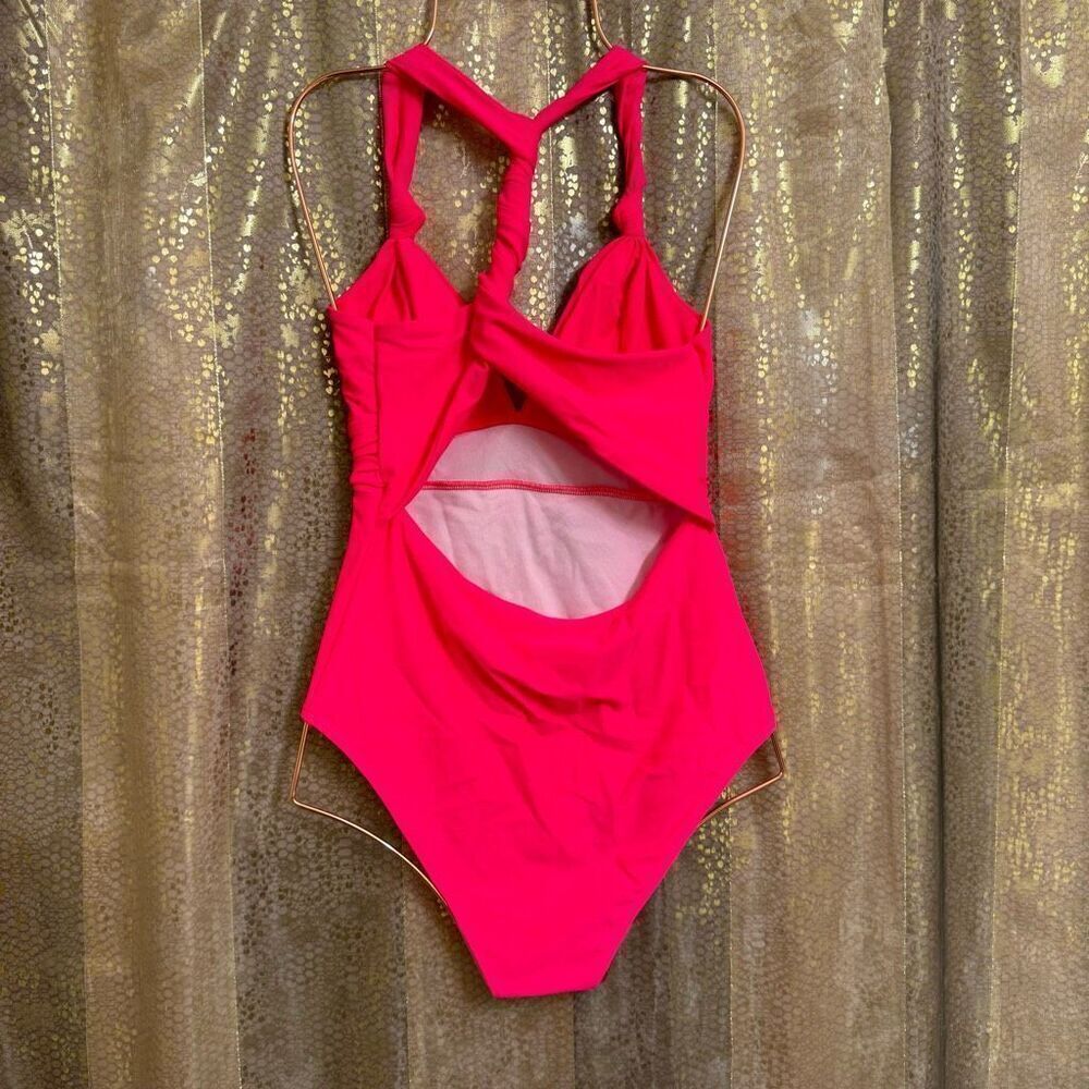Womens Hot Neon Pink One Piece Twist Back Swimsuit Small NWOT - Picture 3 of 7